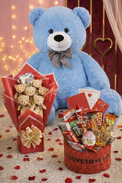 Kadınlar Günü Hediye Seti Sevgiliye Kıza 90 Cm Peluş Ayı, Ayıcık Buketi & Çikolata Sepeti Hediyesi