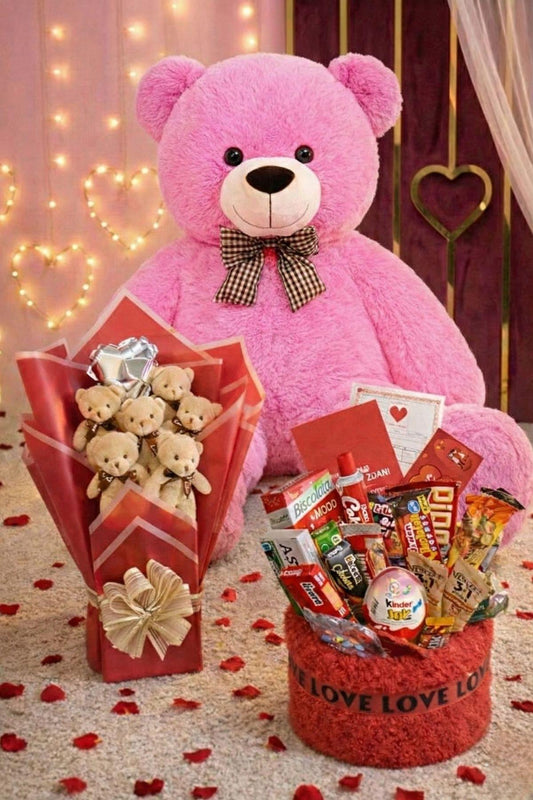 Kadınlar Günü Hediye Seti Sevgiliye Kıza 90 Cm Peluş Ayı, Ayıcık Buketi & Çikolata Sepeti Hediyesi