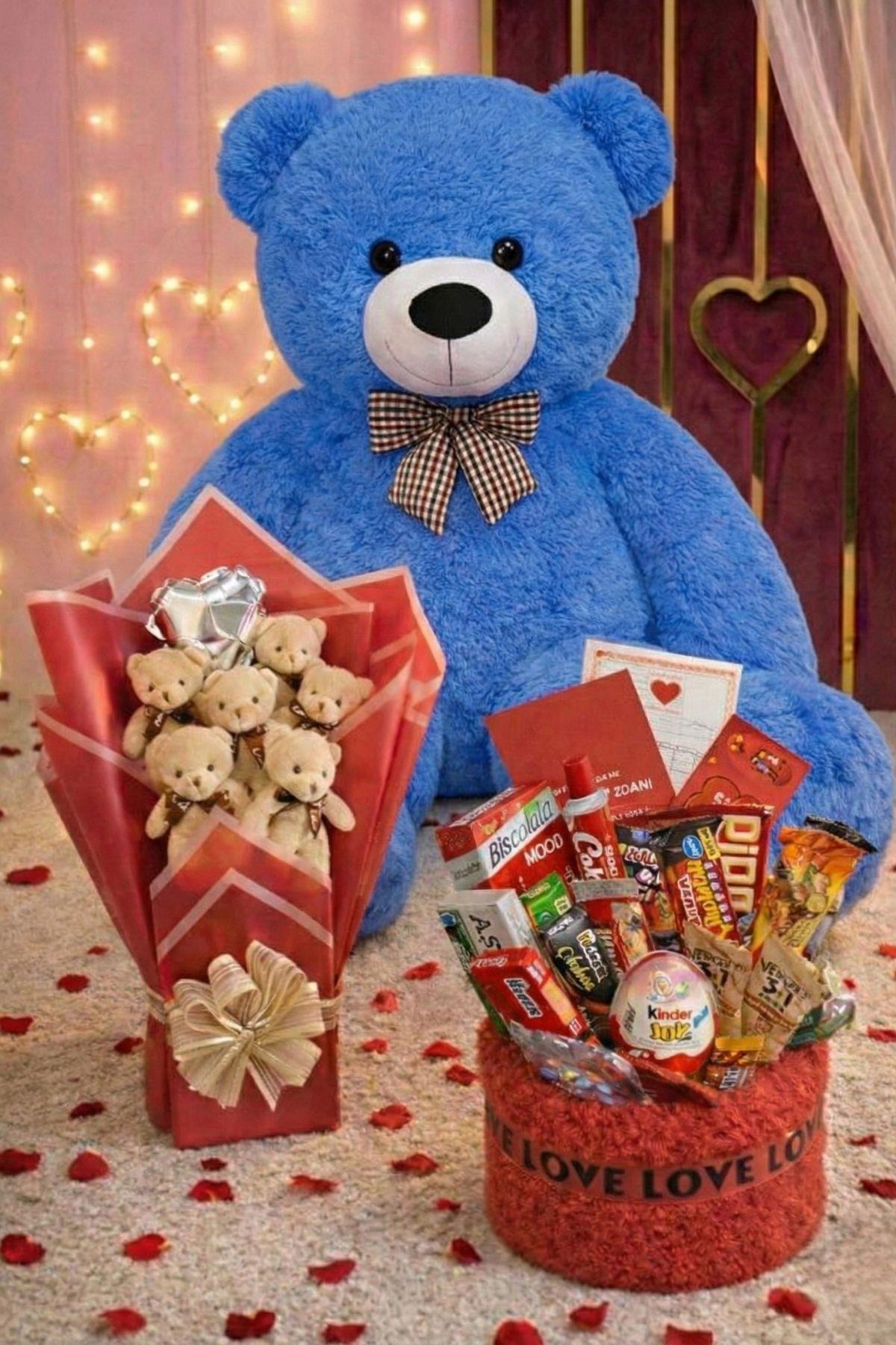 Kadınlar Günü Hediye Seti Sevgiliye Kıza 90 Cm Peluş Ayı, Ayıcık Buketi & Çikolata Sepeti Hediyesi