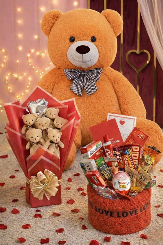 Kadınlar Günü Hediye Seti Sevgiliye Kıza 90 Cm Peluş Ayı, Ayıcık Buketi & Çikolata Sepeti Hediyesi