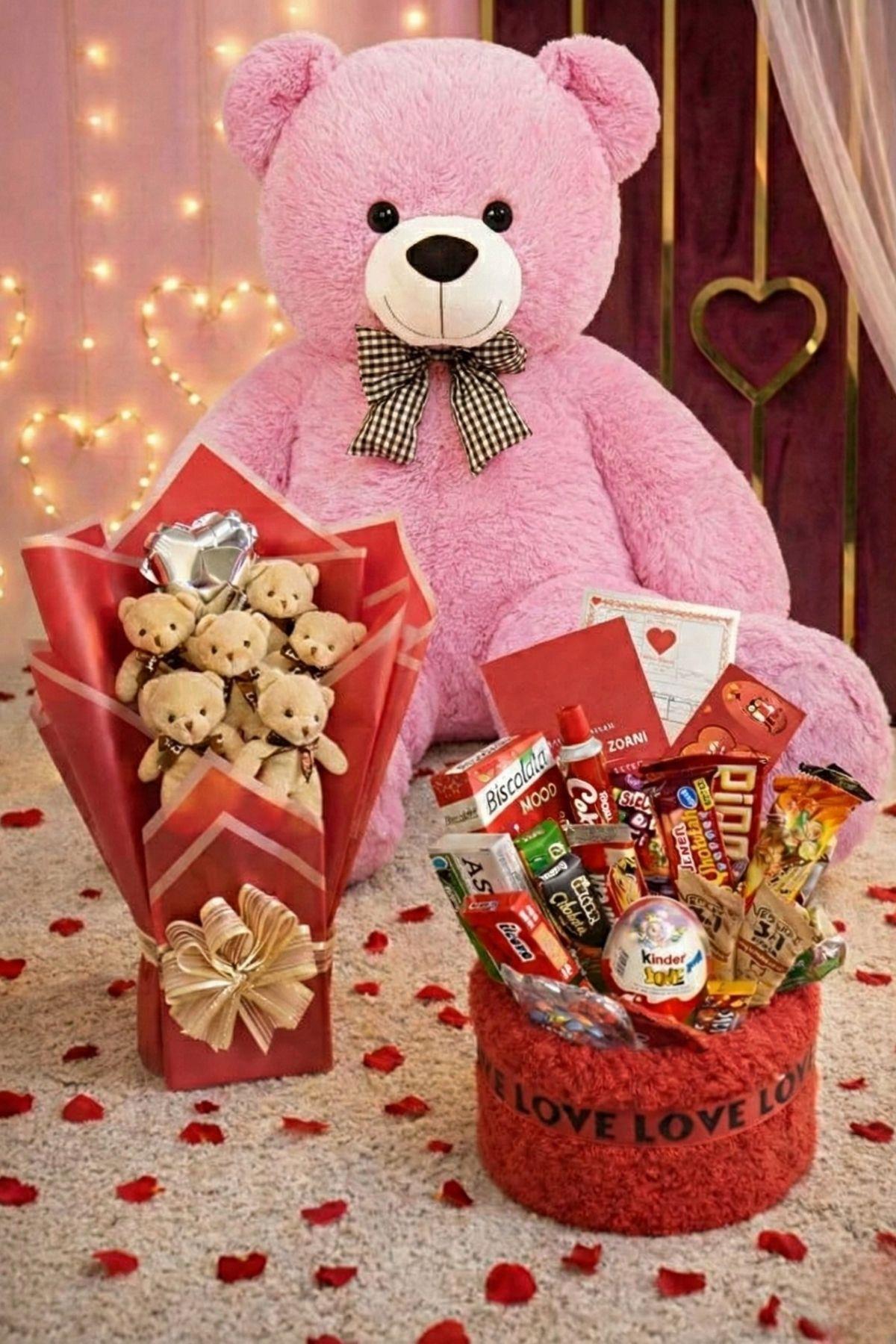 Kadınlar Günü Hediye Seti Sevgiliye Kıza 90 Cm Peluş Ayı, Ayıcık Buketi & Çikolata Sepeti Hediyesi