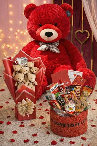 Kadınlar Günü Hediye Seti Sevgiliye Kıza 90 Cm Peluş Ayı, Ayıcık Buketi & Çikolata Sepeti Hediyesi