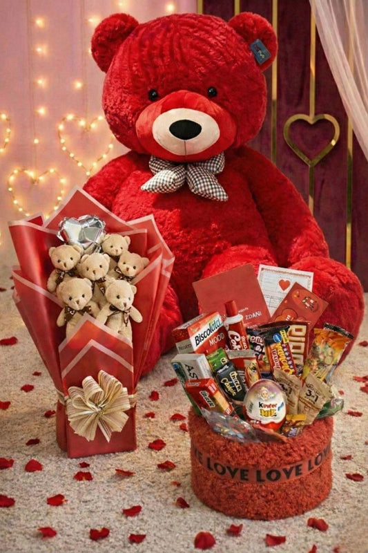Kadınlar Günü Hediye Seti Sevgiliye Kıza 90 Cm Peluş Ayı, Ayıcık Buketi & Çikolata Sepeti Hediyesi