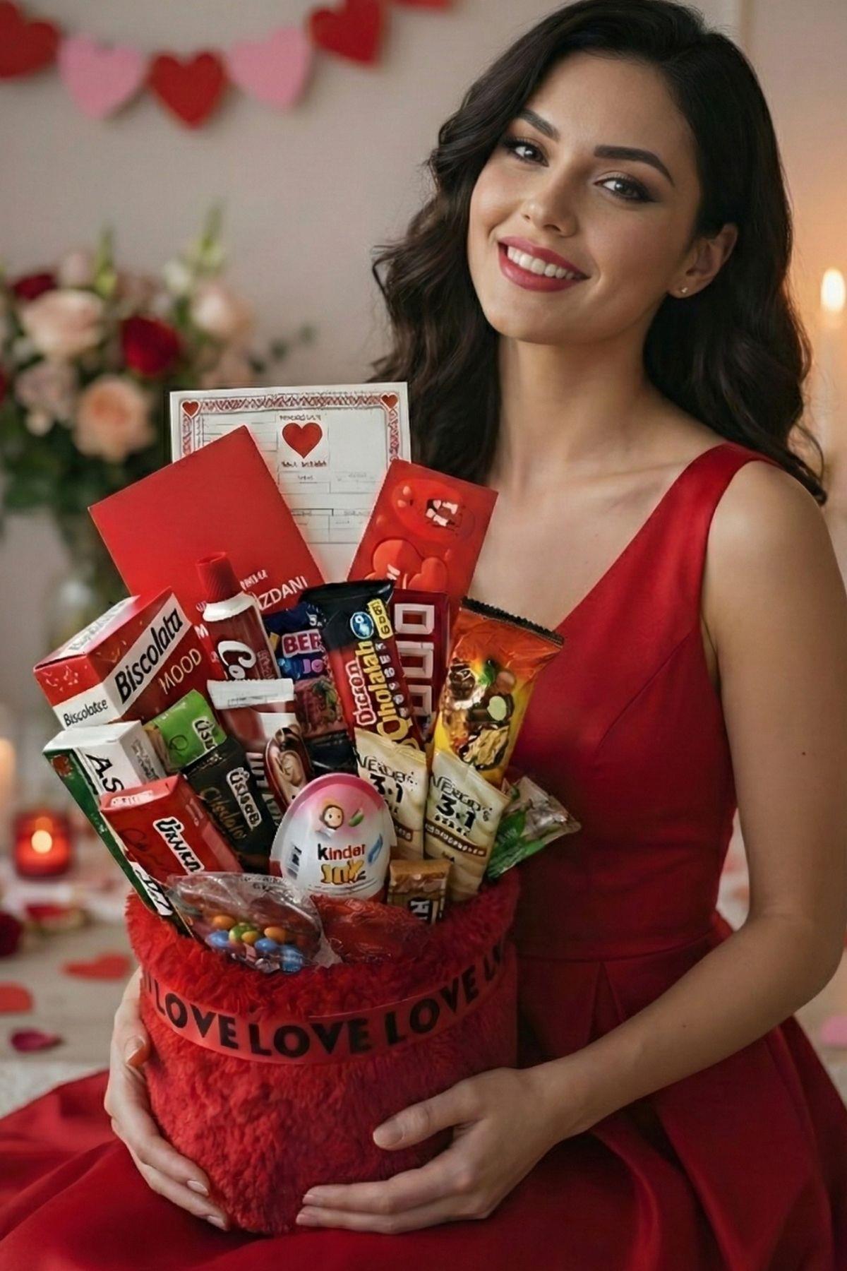 Deluxe Kırmızı Peluş Çikolata Sepeti Sevgililer Günü Hediyesi Aşkprin Sevgiliye Özel Hediye