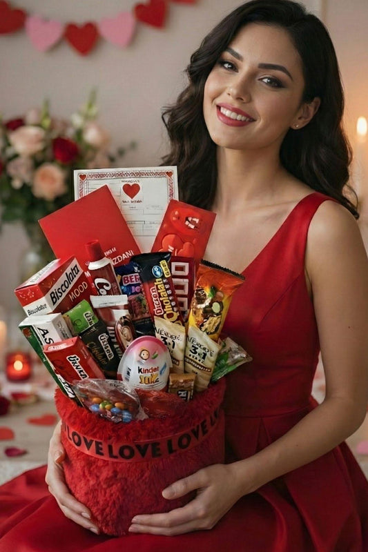 Deluxe Kırmızı Peluş Çikolata Sepeti Sevgililer Günü Hediyesi Aşkprin Sevgiliye Özel Hediye