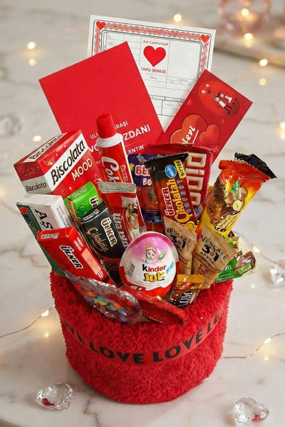 Deluxe Kırmızı Peluş Çikolata Sepeti Sevgililer Günü Hediyesi Aşkprin Sevgiliye Özel Hediye