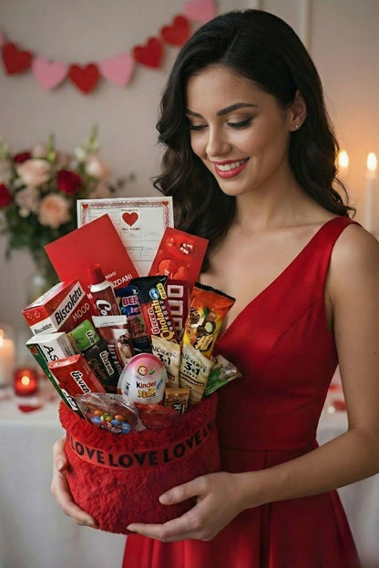 Deluxe Kırmızı Peluş Çikolata Sepeti Sevgililer Günü Hediyesi Aşkprin Sevgiliye Özel Hediye