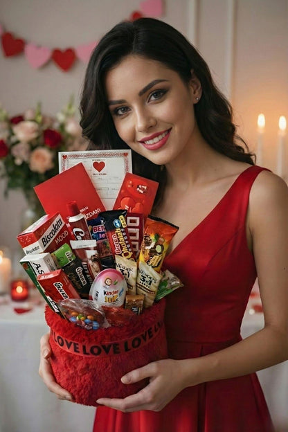 Deluxe Kırmızı Peluş Çikolata Sepeti Sevgililer Günü Hediyesi Aşkprin Sevgiliye Özel Hediye