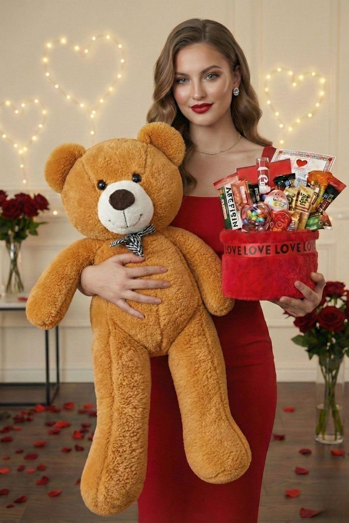 Kadınlar Günü Özel: 90 Cm Peluş Ayı Kırmızı Love Yazılı Tatlı Çikolata Sepeti Sevgiliye Hediye