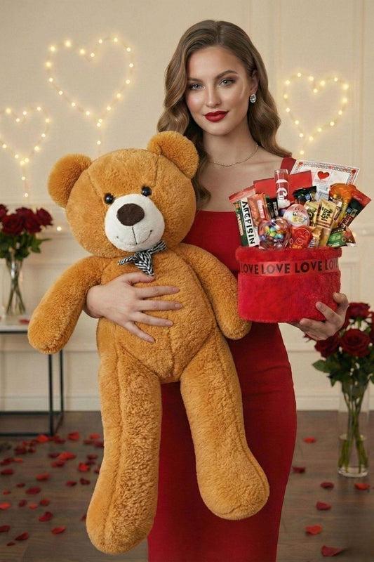 Kadınlar Günü Özel: 90 Cm Peluş Ayı Kırmızı Love Yazılı Tatlı Çikolata Sepeti Sevgiliye Hediye