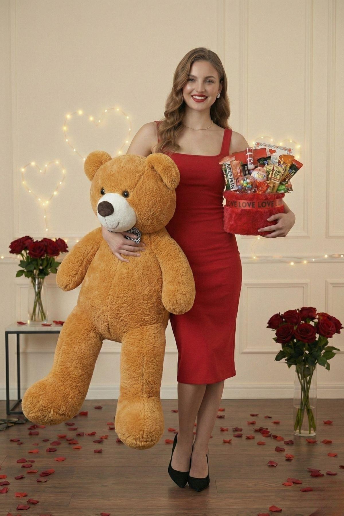 Kadınlar Günü Özel: 90 Cm Peluş Ayı Kırmızı Love Yazılı Tatlı Çikolata Sepeti Sevgiliye Hediye