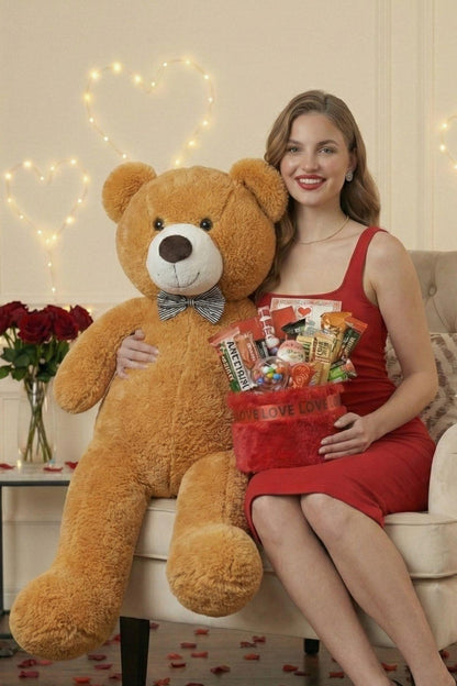 Kadınlar Günü Özel: 90 Cm Peluş Ayı Kırmızı Love Yazılı Tatlı Çikolata Sepeti Sevgiliye Hediye