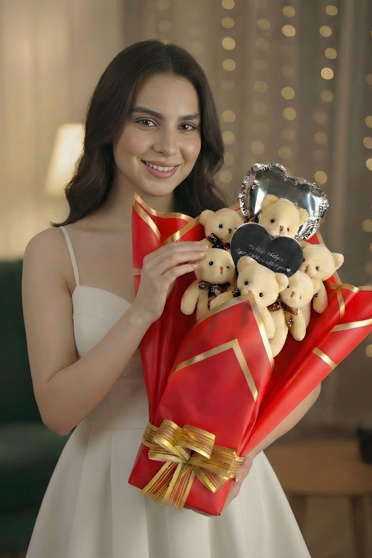 Kadınlar Günü'ne Özel: Mesajlı Kalp Aynalı ve Kalp Balonlu Kırmızı Peluş 6'lı Ayıcık Buketi | Sevgiliye Özel