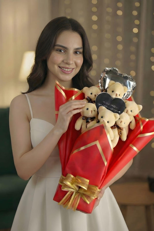 Kadınlar Günü'ne Özel: Mesajlı Kalp Aynalı ve Kalp Balonlu Kırmızı Peluş 6'lı Ayıcık Buketi | Sevgiliye Özel