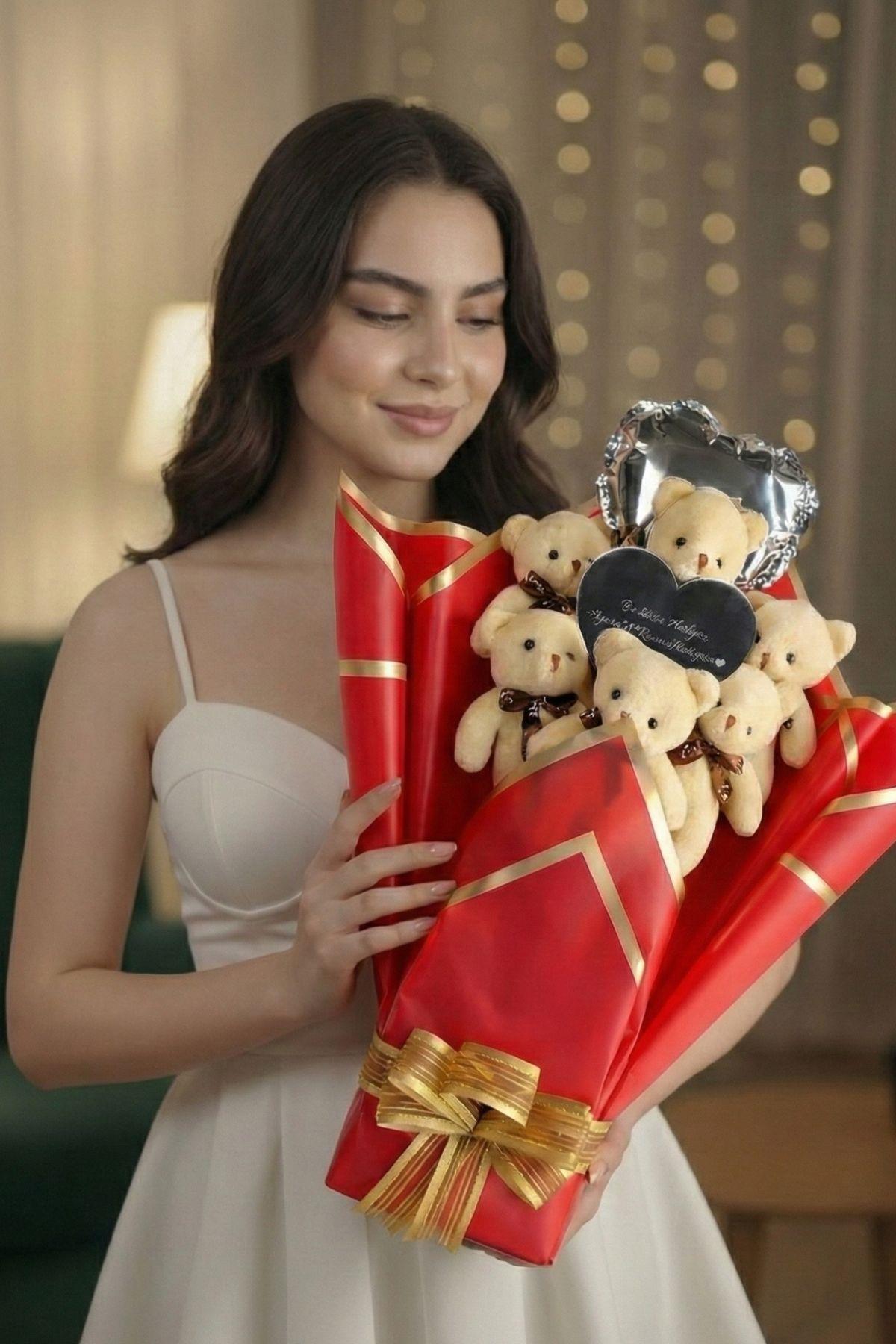 Kadınlar Günü'ne Özel: Mesajlı Kalp Aynalı ve Kalp Balonlu Kırmızı Peluş 6'lı Ayıcık Buketi | Sevgiliye Özel