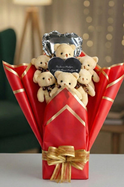 Kadınlar Günü'ne Özel: Mesajlı Kalp Aynalı ve Kalp Balonlu Kırmızı Peluş 6'lı Ayıcık Buketi | Sevgiliye Özel