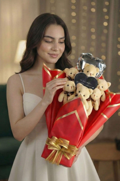 Kadınlar Günü'ne Özel: Mesajlı Kalp Aynalı ve Kalp Balonlu Kırmızı Peluş 6'lı Ayıcık Buketi | Sevgiliye Özel