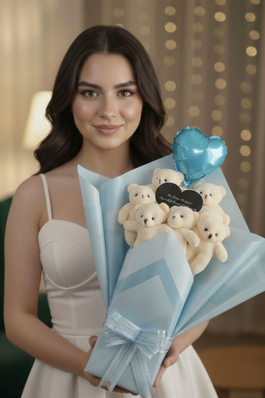 Kadınlar Günü'ne Özel: Mesajlı Kalp Aynalı ve Kalp Balonlu Mavi Peluş 6'lı Ayıcık Buketi | Sevgiliye Özel