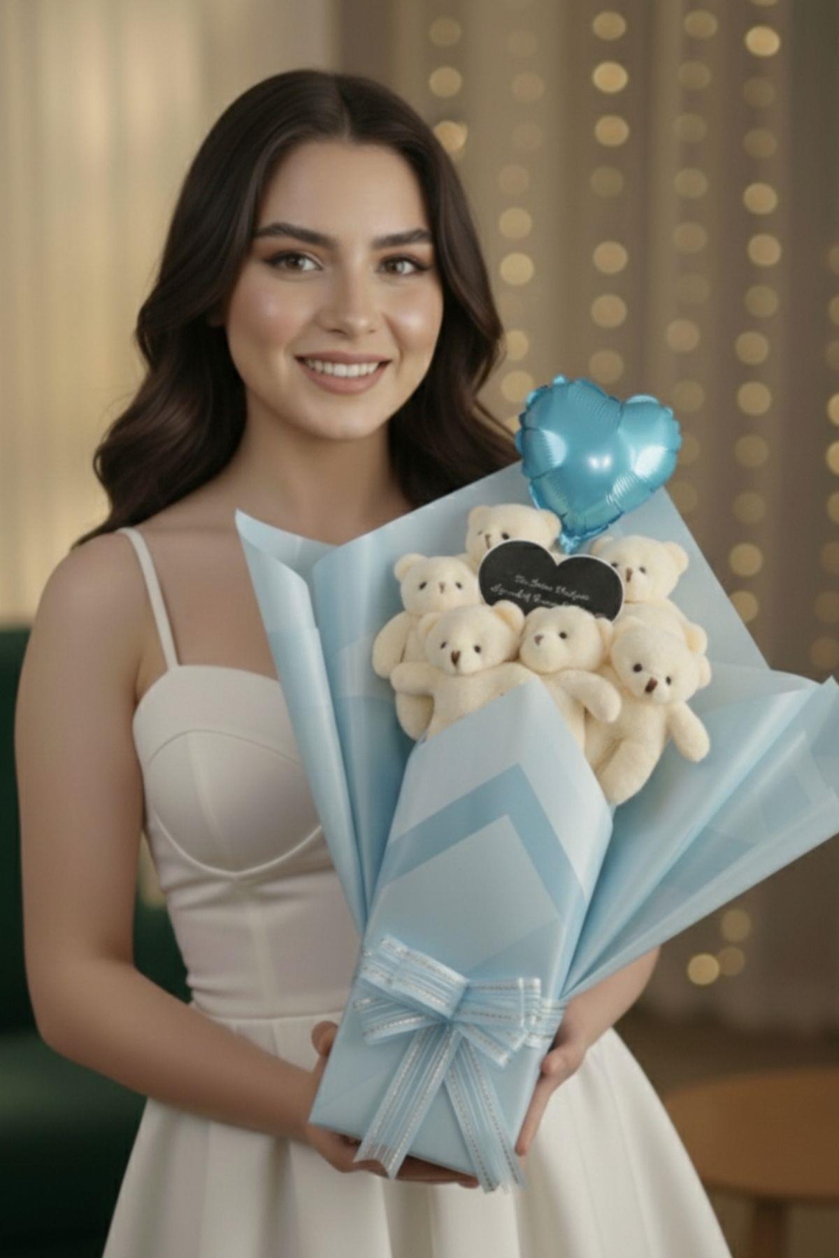 Kadınlar Günü'ne Özel: Mesajlı Kalp Aynalı ve Kalp Balonlu Mavi Peluş 6'lı Ayıcık Buketi | Sevgiliye Özel