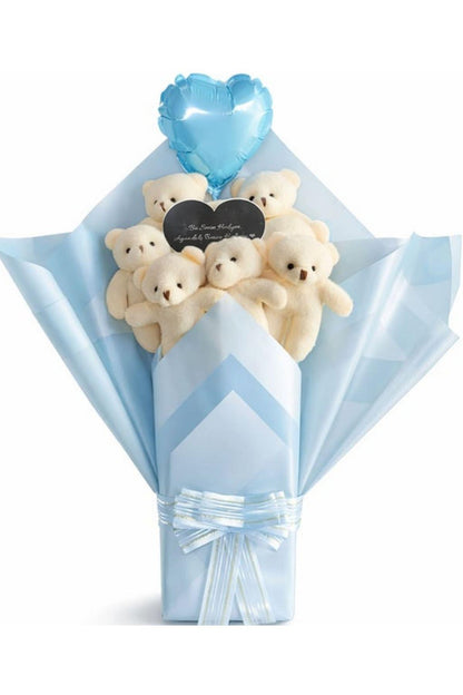 Kadınlar Günü'ne Özel: Mesajlı Kalp Aynalı ve Kalp Balonlu Mavi Peluş 6'lı Ayıcık Buketi | Sevgiliye Özel