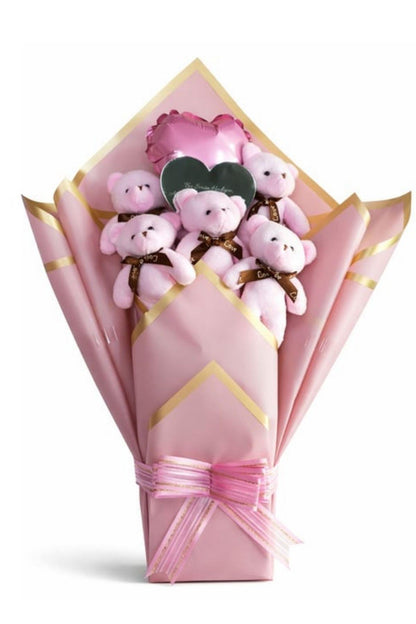Kadınlar Günü'ne Özel: Mesajlı Kalp Aynalı ve Kalp Balonlu Pembe Peluş Romantik Ayıcık Buketi | Sevgiliye Özel