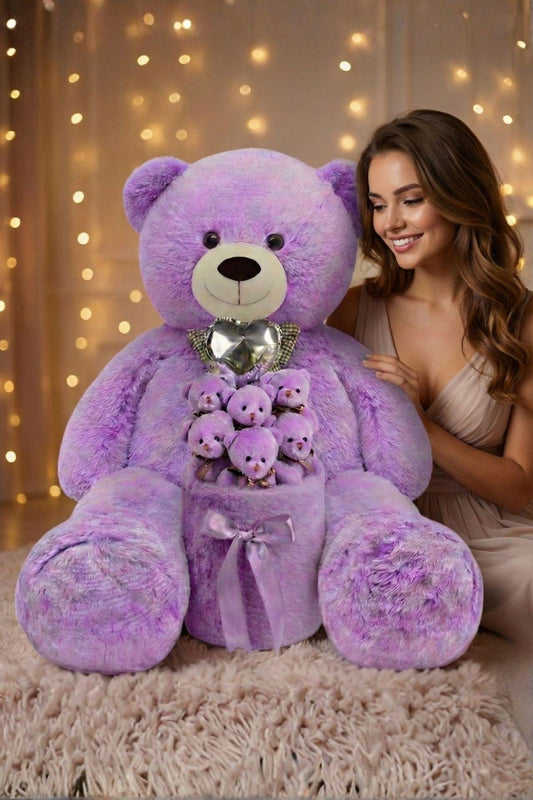 Kadınlar Günü’ne Özel: Premium Kalp Balonlu Deluxe Peluş Mor Ayıcık Buketi – Özel Kutulu Tasarım
