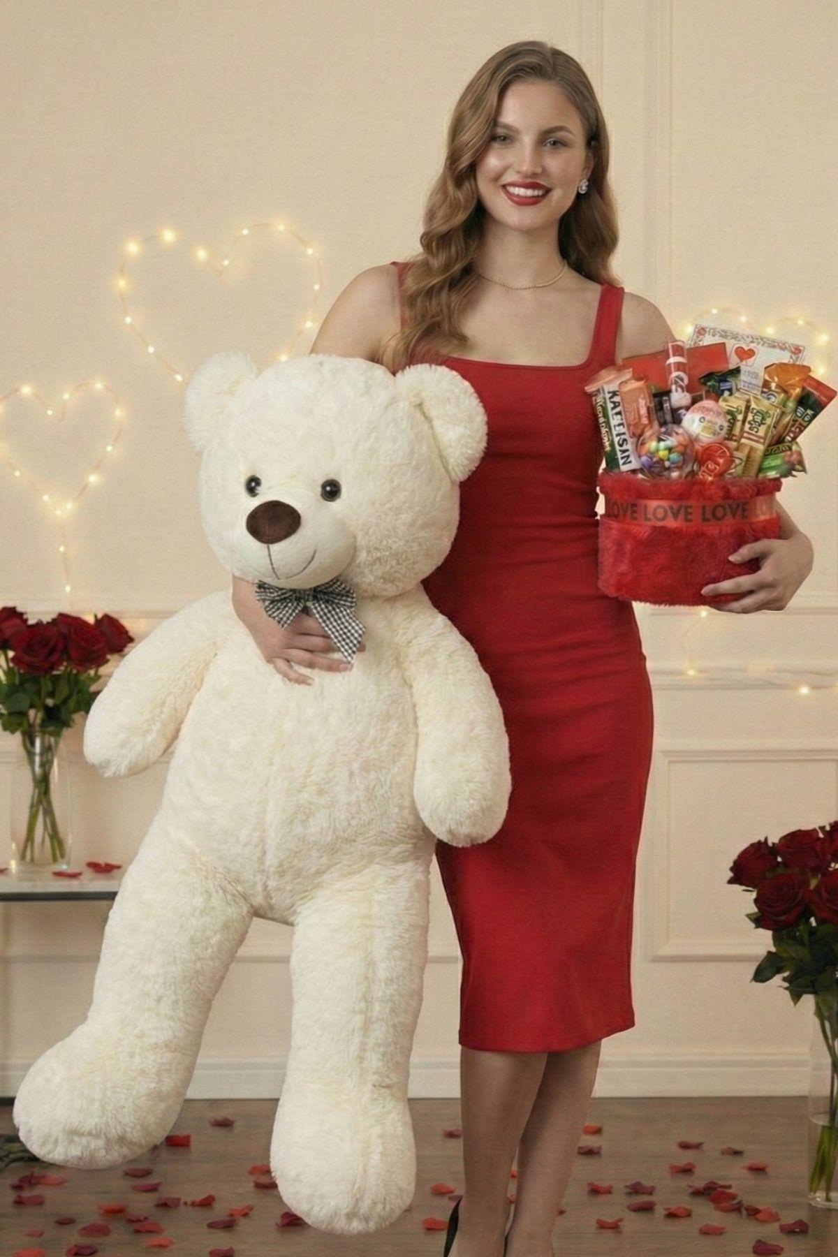 Kadınlar Günü Özel: 90 Cm Peluş Ayı Kırmızı Love Yazılı Tatlı Çikolata Sepeti Sevgiliye Hediye