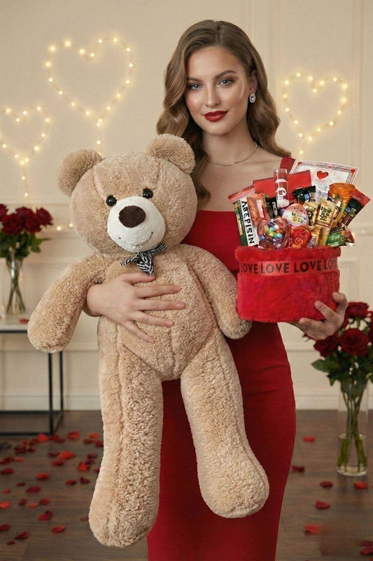 Kadınlar Günü Özel: 90 Cm Peluş Ayı Kırmızı Love Yazılı Tatlı Çikolata Sepeti Sevgiliye Hediye