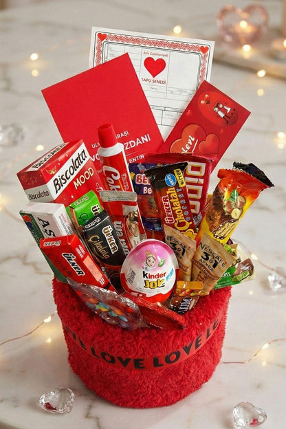 Kadınlar Günü Özel: 90 Cm Peluş Ayı Kırmızı Love Yazılı Tatlı Çikolata Sepeti Sevgiliye Hediye