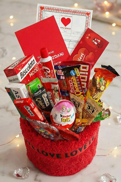Kadınlar Günü Özel: 90 Cm Peluş Ayı Kırmızı Love Yazılı Tatlı Çikolata Sepeti Sevgiliye Hediye