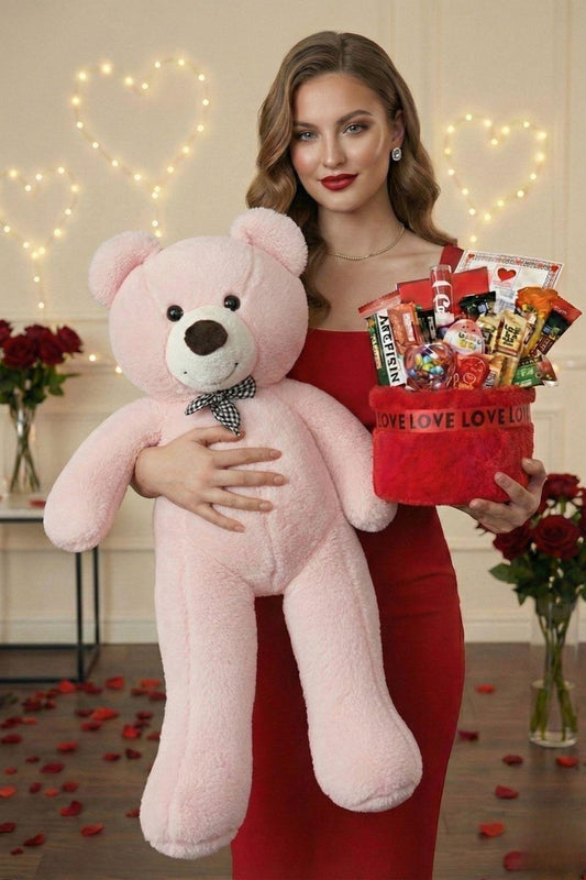 Kadınlar Günü Özel: 90 Cm Peluş Ayı Kırmızı Love Yazılı Tatlı Çikolata Sepeti Sevgiliye Hediye