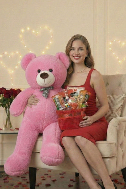 Kadınlar Günü Özel: 90 Cm Peluş Ayı Kırmızı Love Yazılı Tatlı Çikolata Sepeti Sevgiliye Hediye