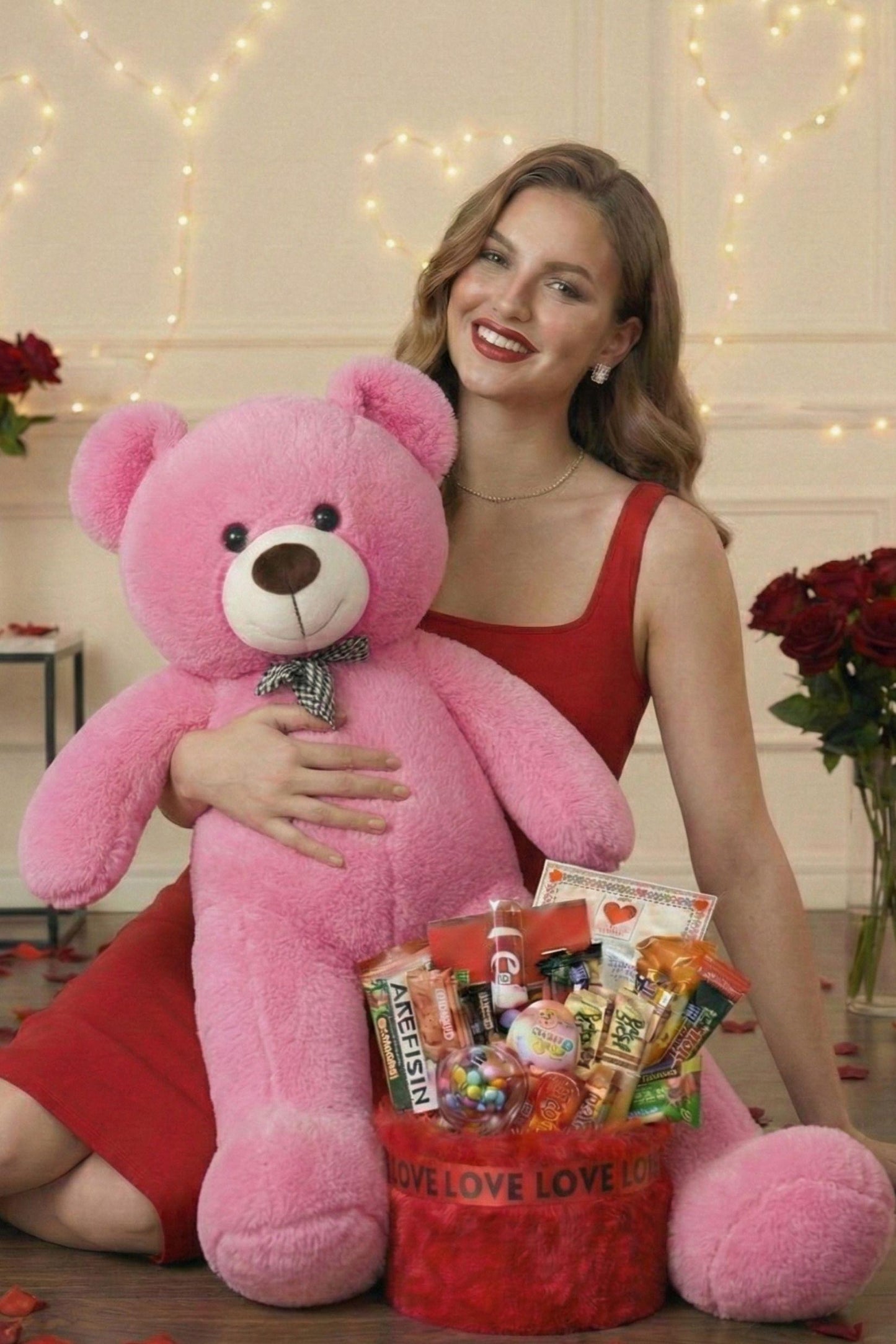 Kadınlar Günü Özel: 90 Cm Peluş Ayı Kırmızı Love Yazılı Tatlı Çikolata Sepeti Sevgiliye Hediye