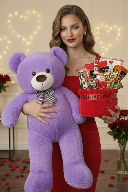 Kadınlar Günü Özel: 90 Cm Peluş Ayı Kırmızı Love Yazılı Tatlı Çikolata Sepeti Sevgiliye Hediye