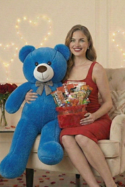 Kadınlar Günü Özel: 90 Cm Peluş Ayı Kırmızı Love Yazılı Tatlı Çikolata Sepeti Sevgiliye Hediye