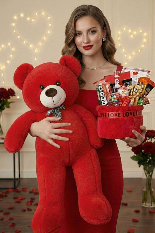 Kadınlar Günü Özel: 90 Cm Peluş Ayı Kırmızı Love Yazılı Tatlı Çikolata Sepeti Sevgiliye Hediye
