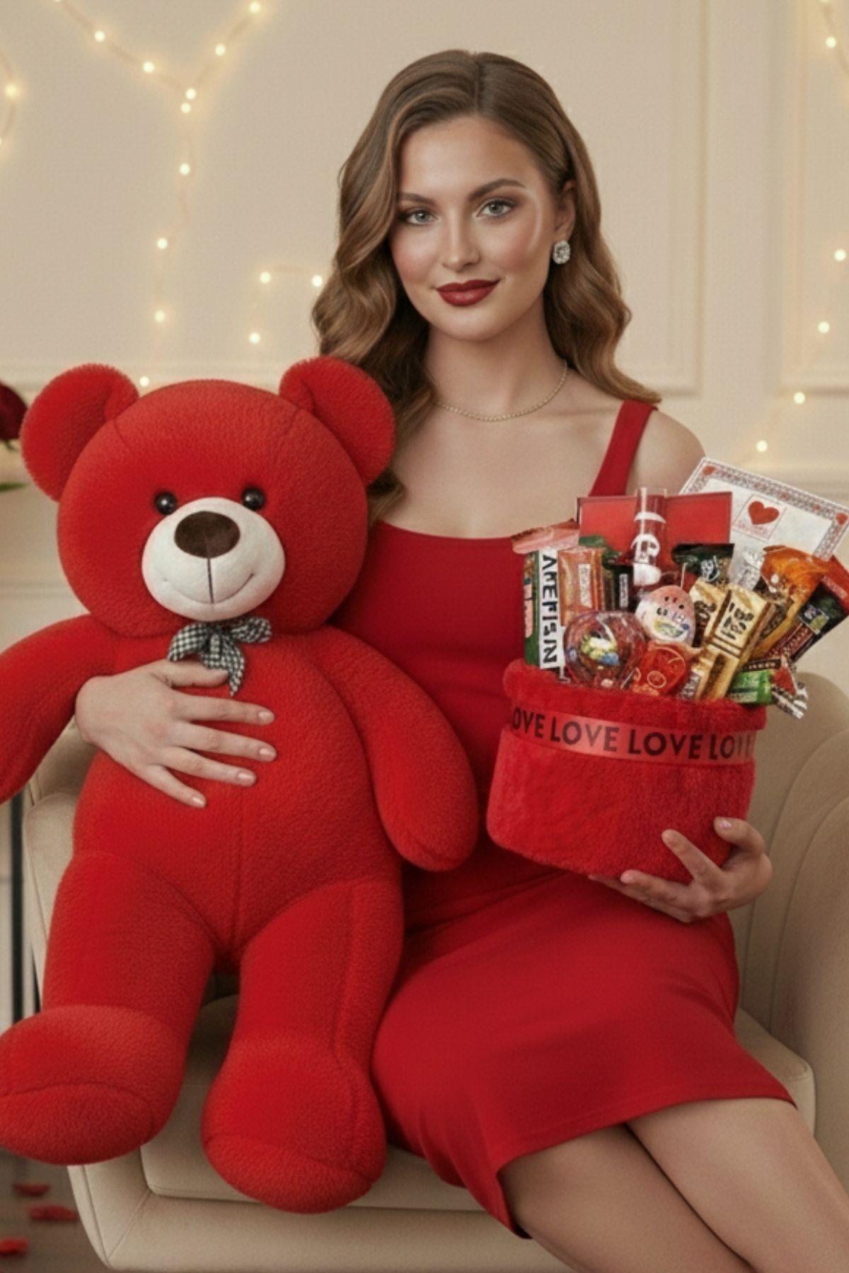 Kadınlar Günü Özel: 90 Cm Peluş Ayı Kırmızı Love Yazılı Tatlı Çikolata Sepeti Sevgiliye Hediye