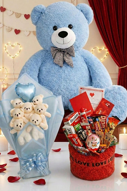 3’lü Kadınlar Günü Hediye Seti | 90 Cm Peluş Ayı, Love Çikolata Sepeti & Mavi Peluş Ayıcık Buketi