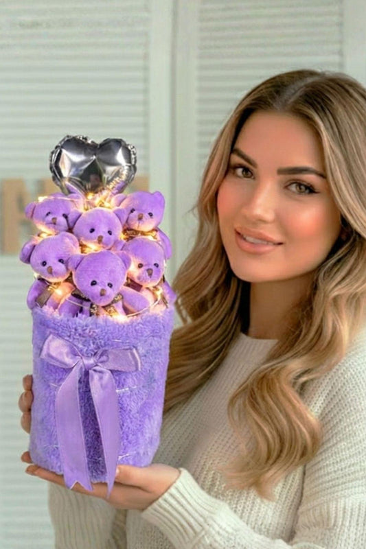 Kadınlar Gününe ÖZEL: Deluxe LED Işıklı Mor Peluş Silindir Kutuda, Kalpli Balonlu 6’lı Mor Ayıcık Buketi - Sevdiğine Hediye