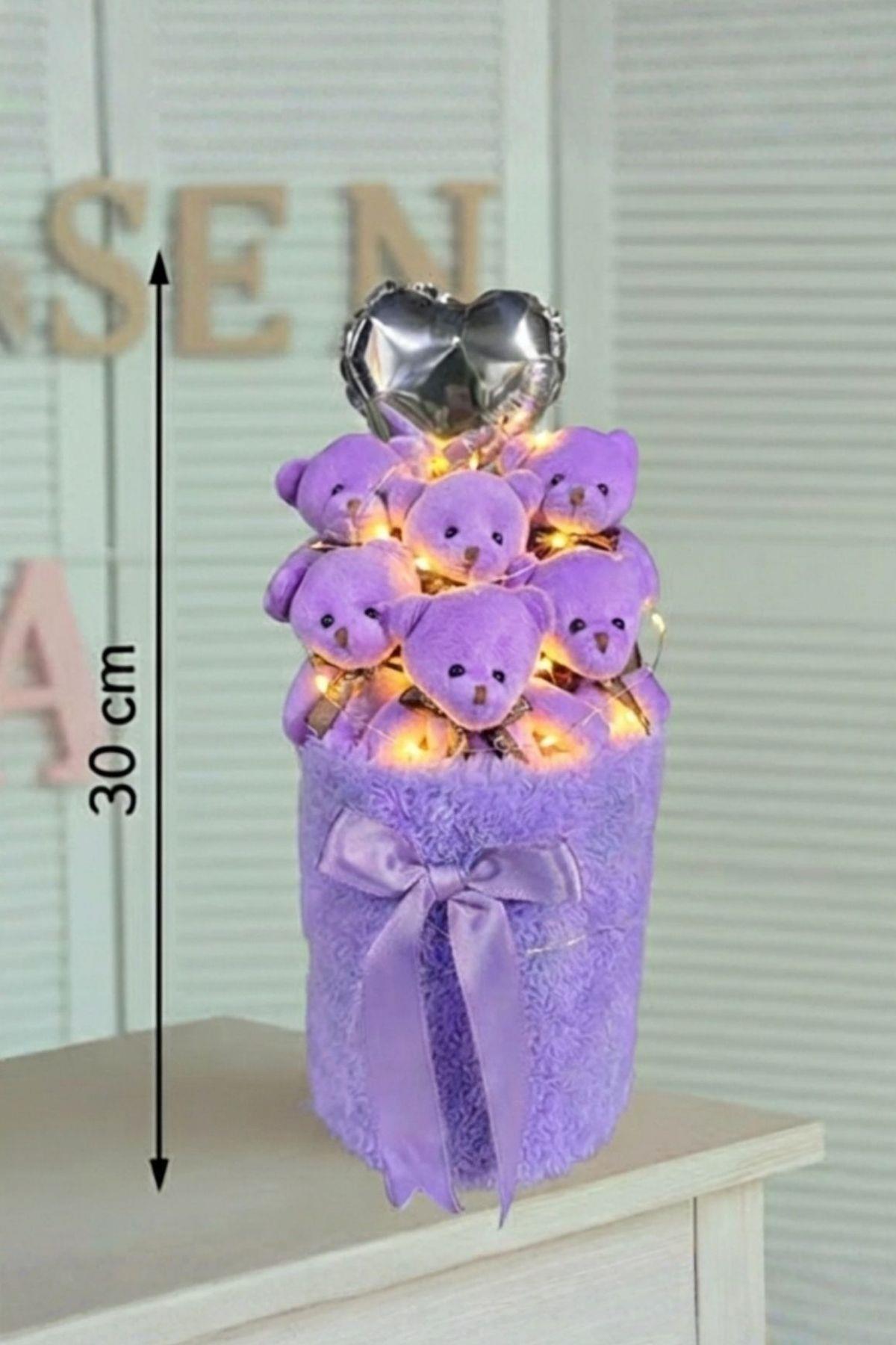 Kadınlar Gününe ÖZEL: Deluxe LED Işıklı Mor Peluş Silindir Kutuda, Kalpli Balonlu 6’lı Mor Ayıcık Buketi - Sevdiğine Hediye