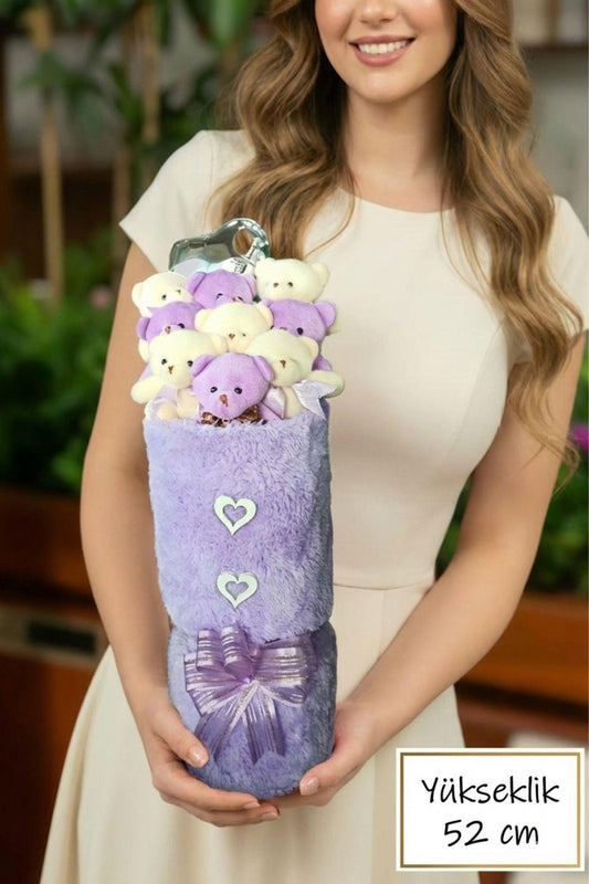 Kadınlar Gününe ÖZEL: Deluxe Mor-Beyaz Peluş Ayıcık Kalp Balonlu Peluş Vazo Tasarımlı Ayıcık Buketi