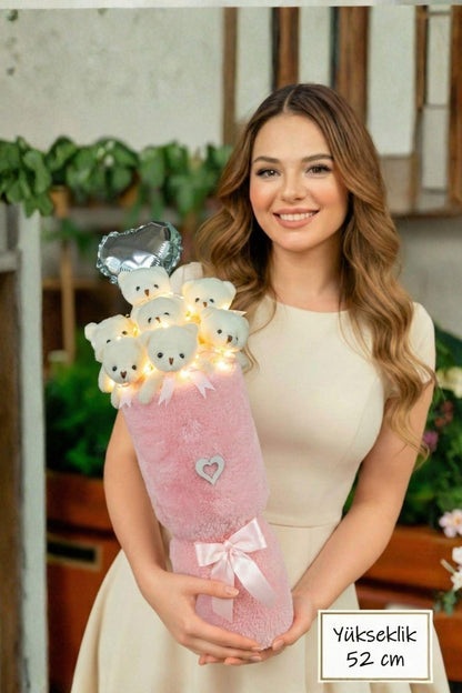 Kadınlar Gününe ÖZEL: Deluxe Pembe Peluş Ayıcık LED Işıklı Kalp Balonlu Peluş Vazo Tasarımlı Ayıcık Buketi