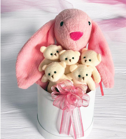 SOLE Premium Özel Hediye Kutusunda  45 cm Pembe Bunny Tavşan ve 5 Adet Krem Peluş Ayıcık Buketi