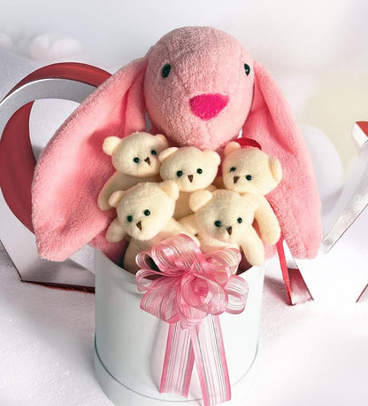 SOLE Premium Özel Hediye Kutusunda  45 cm Pembe Bunny Tavşan ve 5 Adet Krem Peluş Ayıcık Buketi