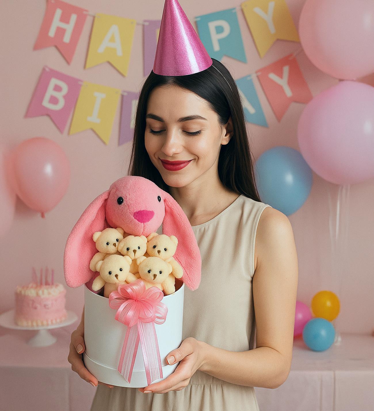 SOLE Premium Özel Hediye Kutusunda  45 cm Pembe Bunny Tavşan ve 5 Adet Krem Peluş Ayıcık Buketi