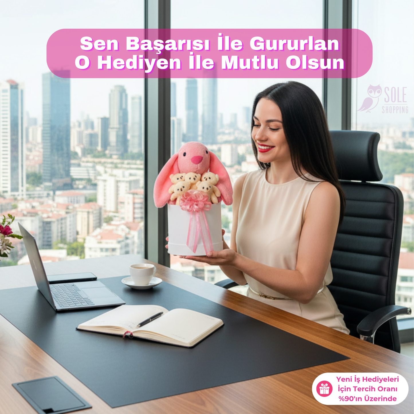 45 cm Pembe Bunny Tavşan ve 5 Adet Krem Peluş Ayıcık Buketi