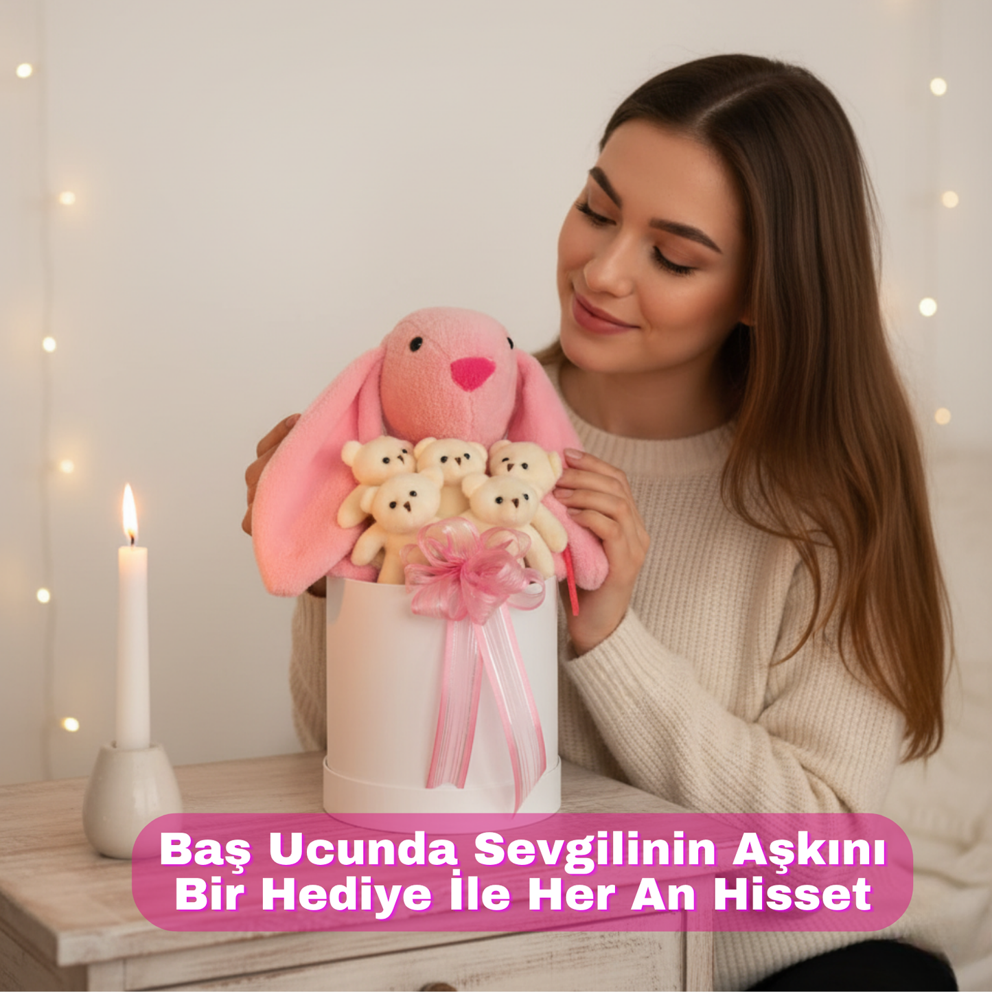 45 cm Pembe Bunny Tavşan ve 5 Adet Krem Peluş Ayıcık Buketi