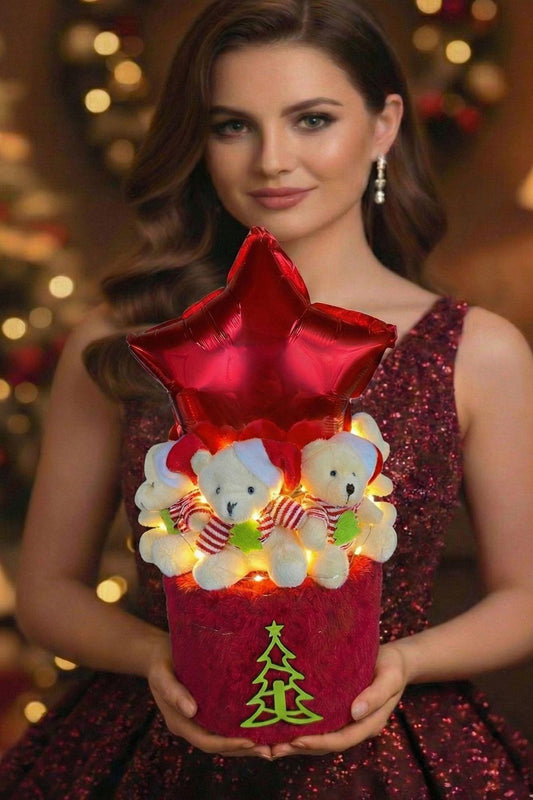 Yeniyıl ÖZEL Seri: 360° Dizilimli Büyük Yıldız Balonlu LED Işıklı Noel Ayıcık Buketi