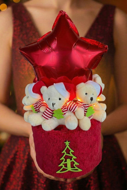 Yeniyıl ÖZEL Seri: 360° Dizilimli Büyük Yıldız Balonlu LED Işıklı Noel Ayıcık Buketi