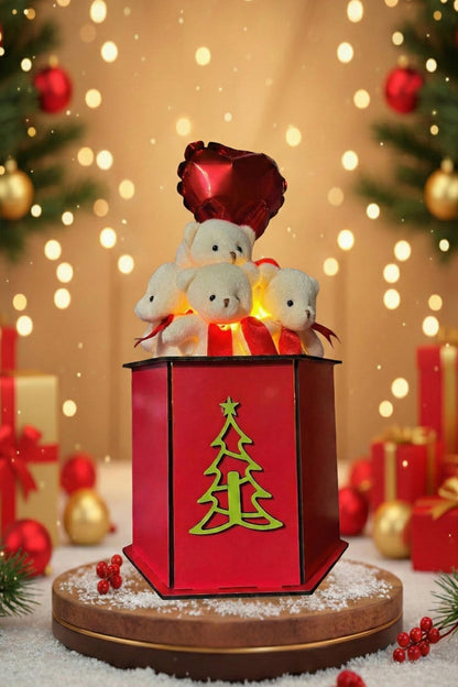 Yeniyıl ÖZEL Seri: Özel Ahşap Kutusunda LED Işıklı, Kalp Balon ve 9 Ayıcıklı Konsept Tasarım Ayıcık Buketi